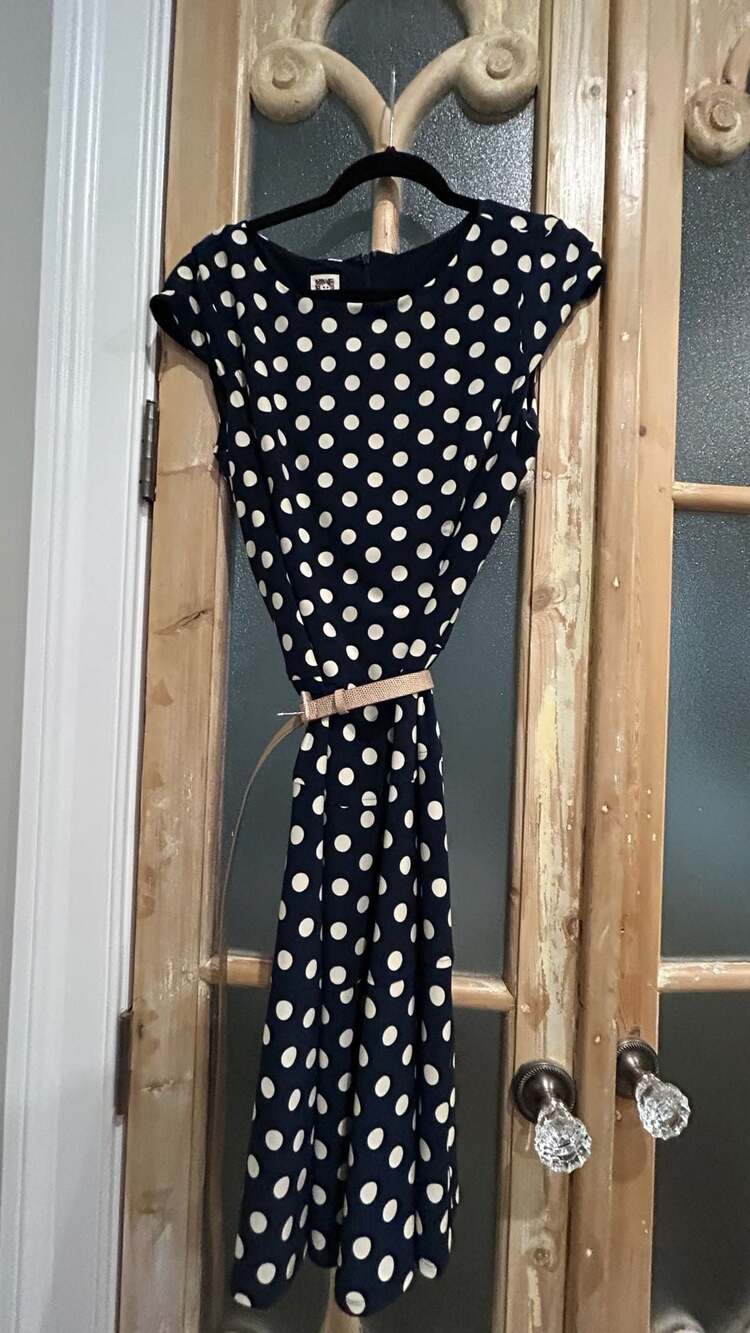 Anne Klein Navy Blue and White Polka Dot Dress Size 14